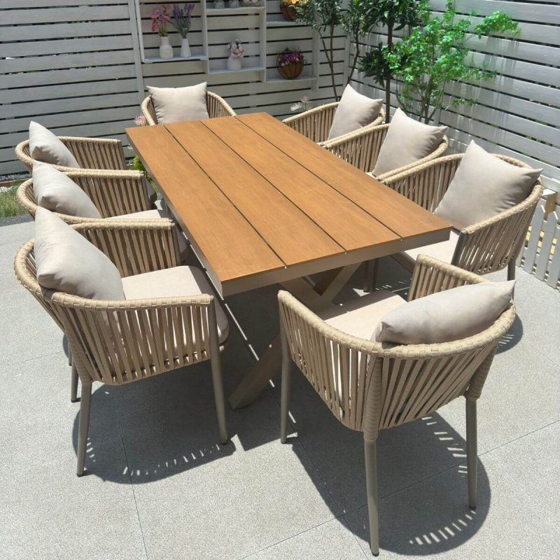 "Casual 9-piece UV-proof Fabric Outdoor Dining Set with Sepia Table, Chair, and Table, 70.9"L x 35.4"W x 29.5"H, Table & 8 Chairs"