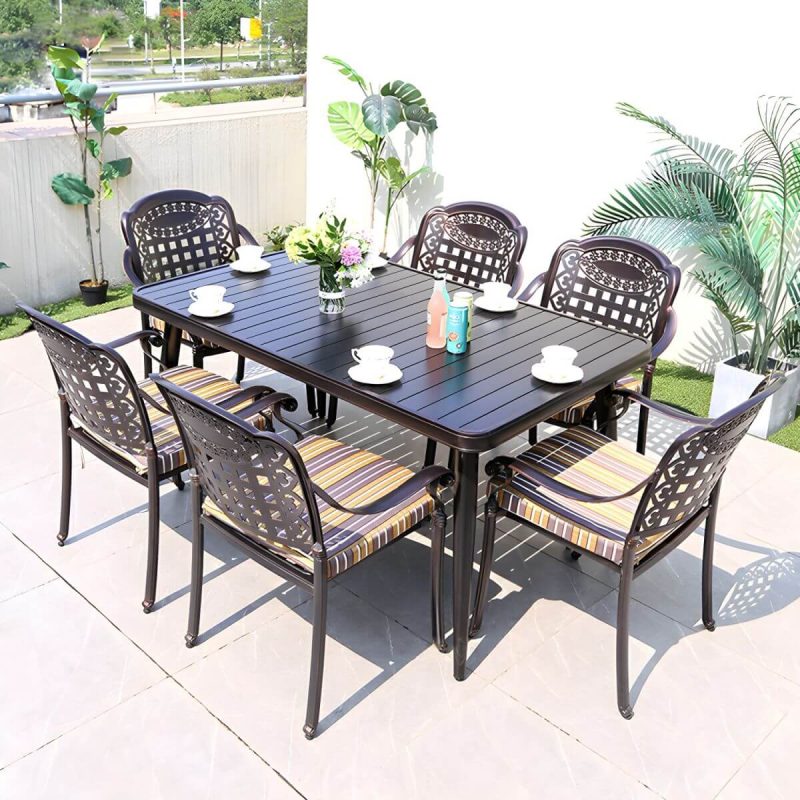"Modern Brown Patio Dining Set with Upholstered Chairs and Weatherproof Metal Frame - Table & Chair(s) 94.5"L x 35.4"W x 29.5"H 6"
