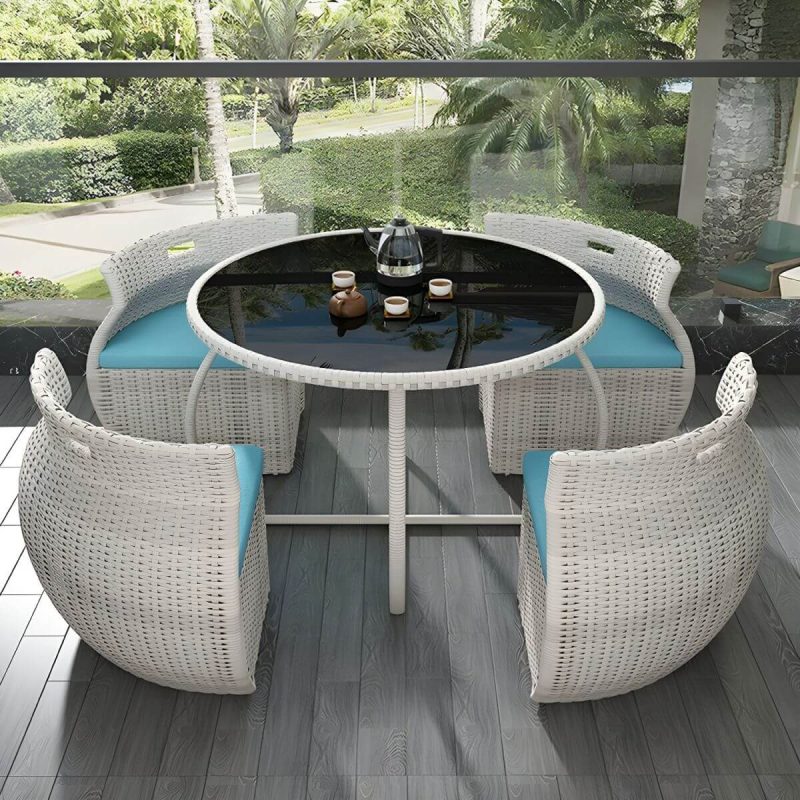 "Contemporary Glass Top White Dining Room Table Set with Wicker Dining Chairs - Table & Chair(s) 4 Stone"