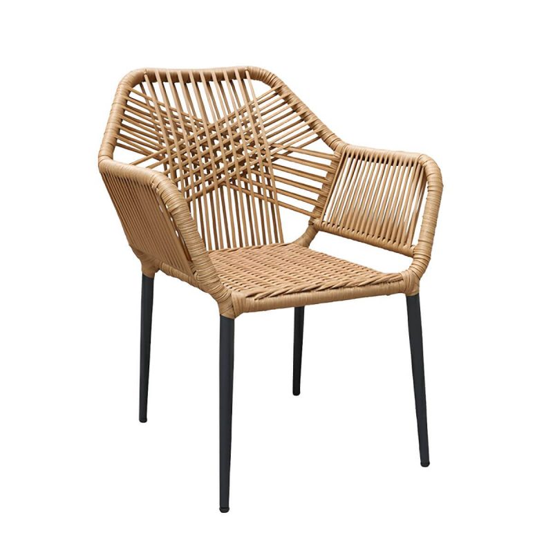 "Modern Metal Arm Chair with Beige Plastic Back and Stackable Design for Patio Dining - 8 Piece Set Black"