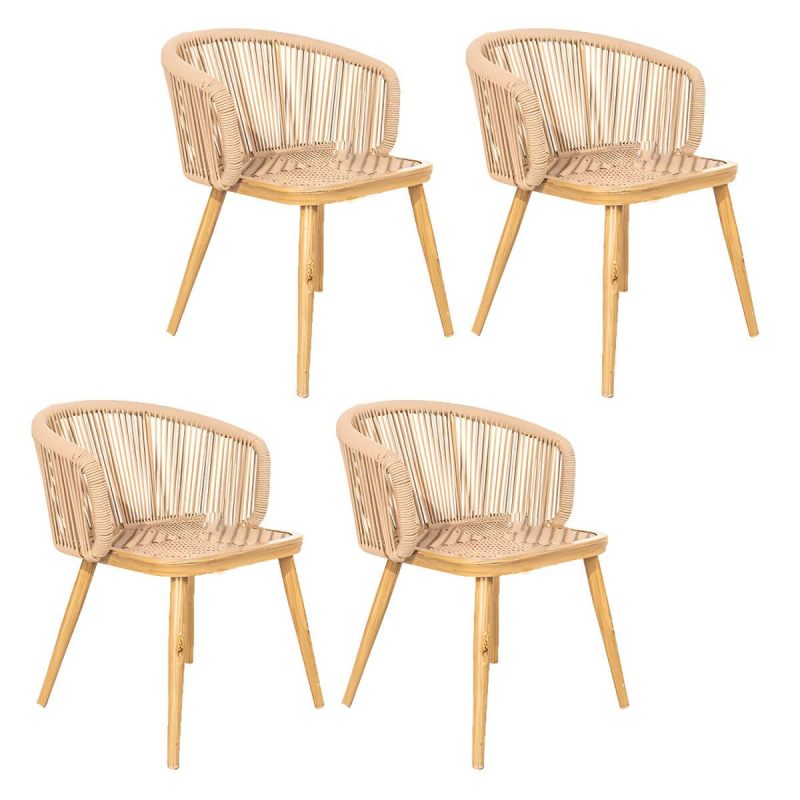 "Coastal Aluminum Arm Chair with Brown Wicker Back and Beige Cushions for Patio Dining - Brown 4 Piece Set"