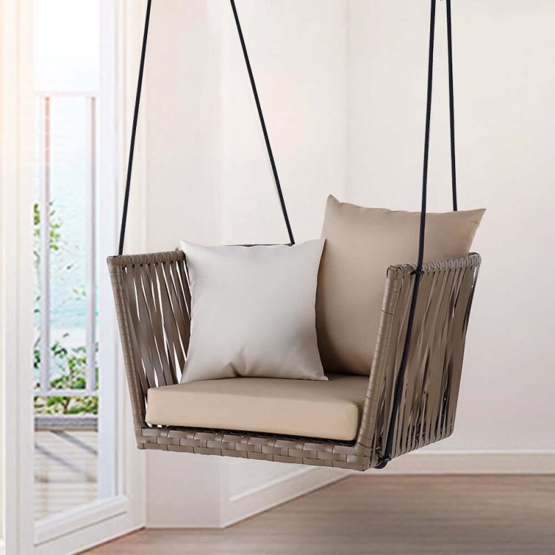 "Traditional Outdoor Hanging Chair Rattan Porch Swing Chair with Khaki Cushion Pillow"
