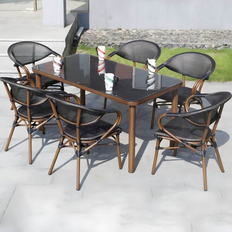 "Metal Modern Brown Patio Dining Set with Stackable Chairs and Weatherproof Durability - Table & Chair(s) 150 x 80 x 73 cm 6"