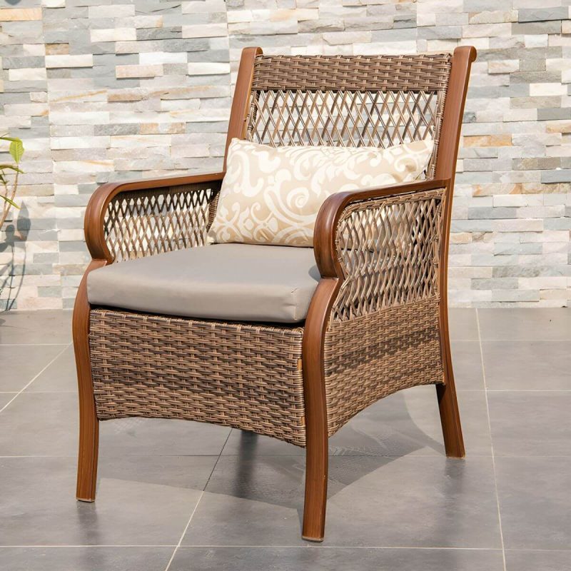 "Traditional Brown Wicker Arm Chair with Metal Legs for Patio Dining - Rust Resistant - 4 Piece Set"