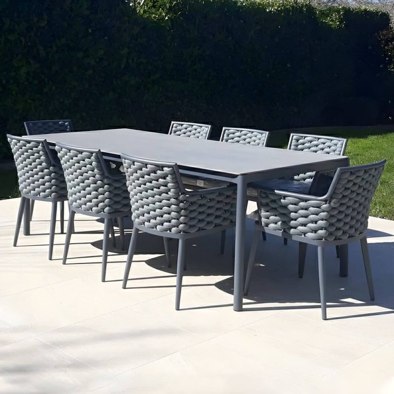 "Modern Grey Stone Patio Dining Table with Waterproof Durability and Umbrella Hole - 70.9"L x 35.4"W x 29.5"H Table Only"