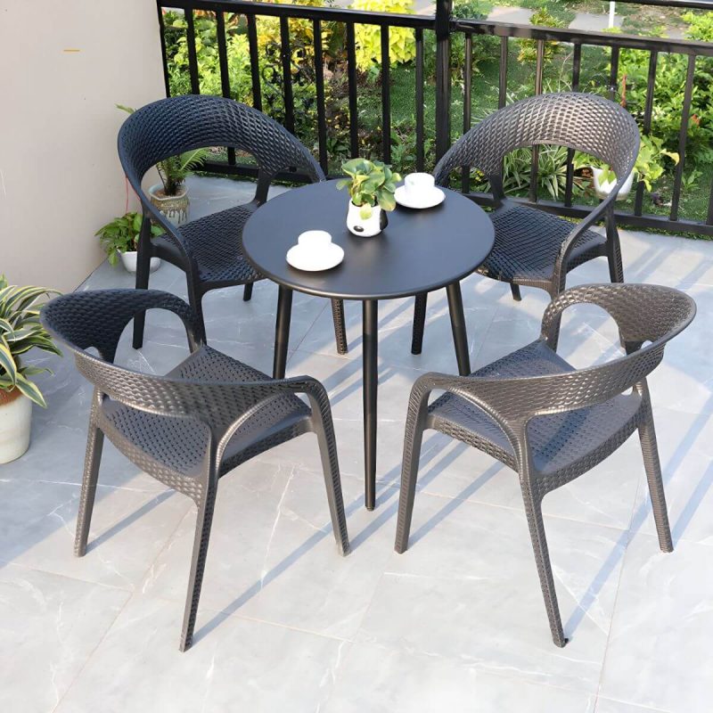 "Black Plastic Outdoor Chair Tropical Dining Armchair Stacking Armchair - 6 Piece Set"
