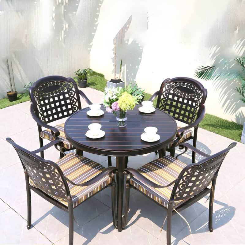 "Modern Brown Patio Dining Set with Upholstered Chairs and Weatherproof Metal Frame - Table & Chair(s) 35.4"L x 35.4"W x 29.5"H 4"