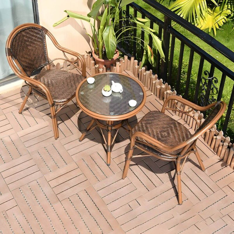 "Contemporary Brown Dining Table Set 2 Woven Chairs for Courtyard - Table & Chair(s) 2 Brown"