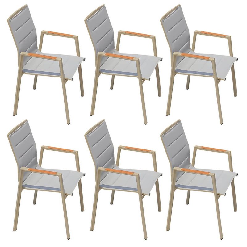 "Sleek Modern Gray Metal Arm Chair for Rust-Resistant Outdoor Patio Dining - 6 Piece Set"