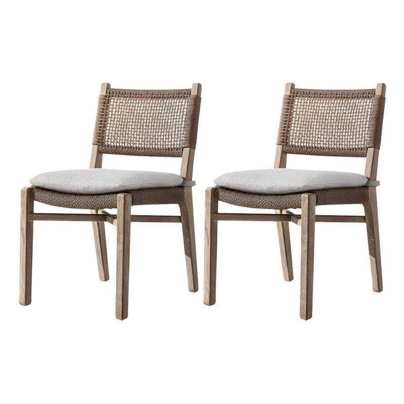 "Traditional Teak Natural Solid Wood Stacking Upholstered Outdoor Bistro Chairs - 2 Piece Set Armless 45 Density Foam"