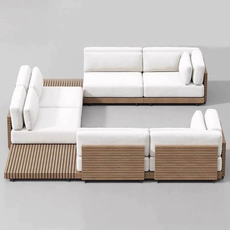 "Outdoor Sofa Conversation Set with Textile Upholstery, 6 Piece Set, Teak Frame in Sepia, White Upholstery, UV Resistant, Upholstered Back, 6-Piece Set (4 Chairs & 2 Corner Sofas)"