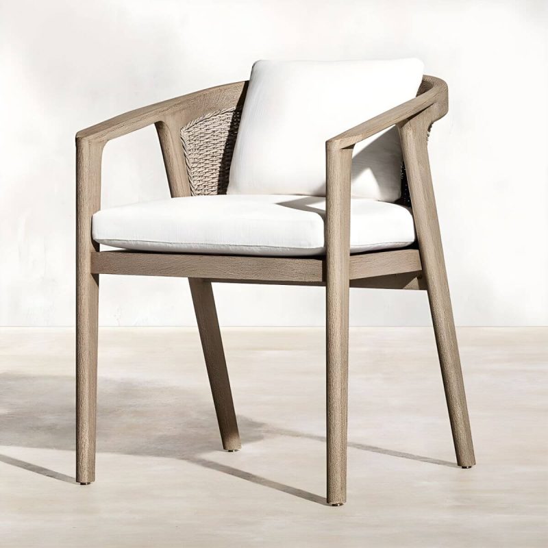 "Modern Brown Wood Side Chair with Wicker Back and Beige Cushions - 1 Piece With Arms"