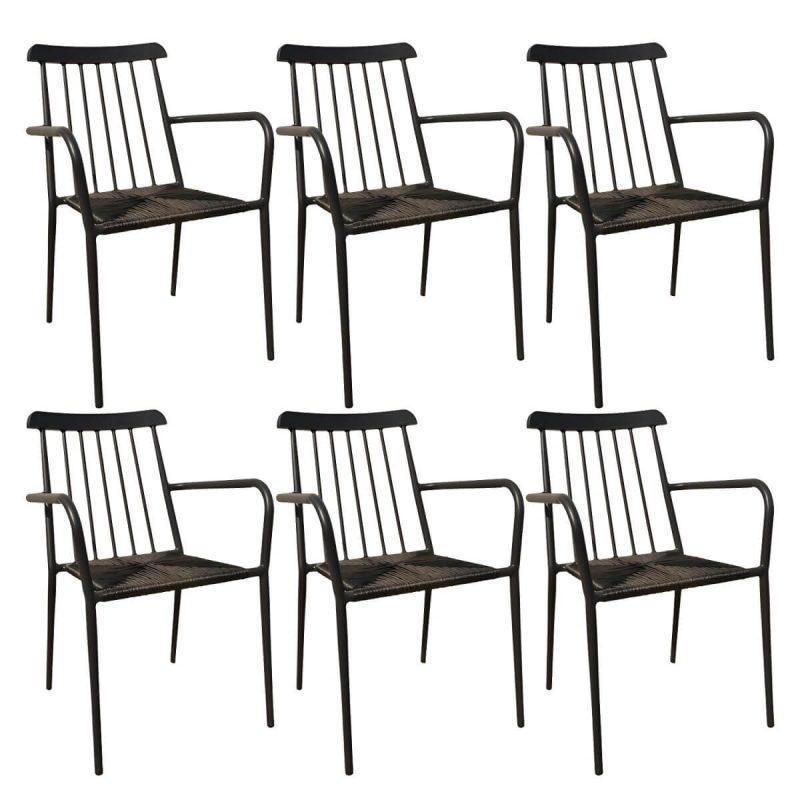 "Tropical Metal Arm Chair with Corrosion Resistant Construction for Outdoor Dining - Black 6 Piece Set"