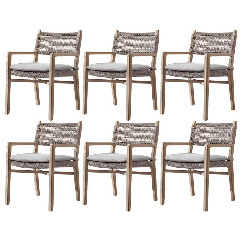 "Traditional Teak Natural Solid Wood Stacking Upholstered Outdoor Bistro Chairs - 6 Piece Set With Arms Qucik-Drying Sponge"