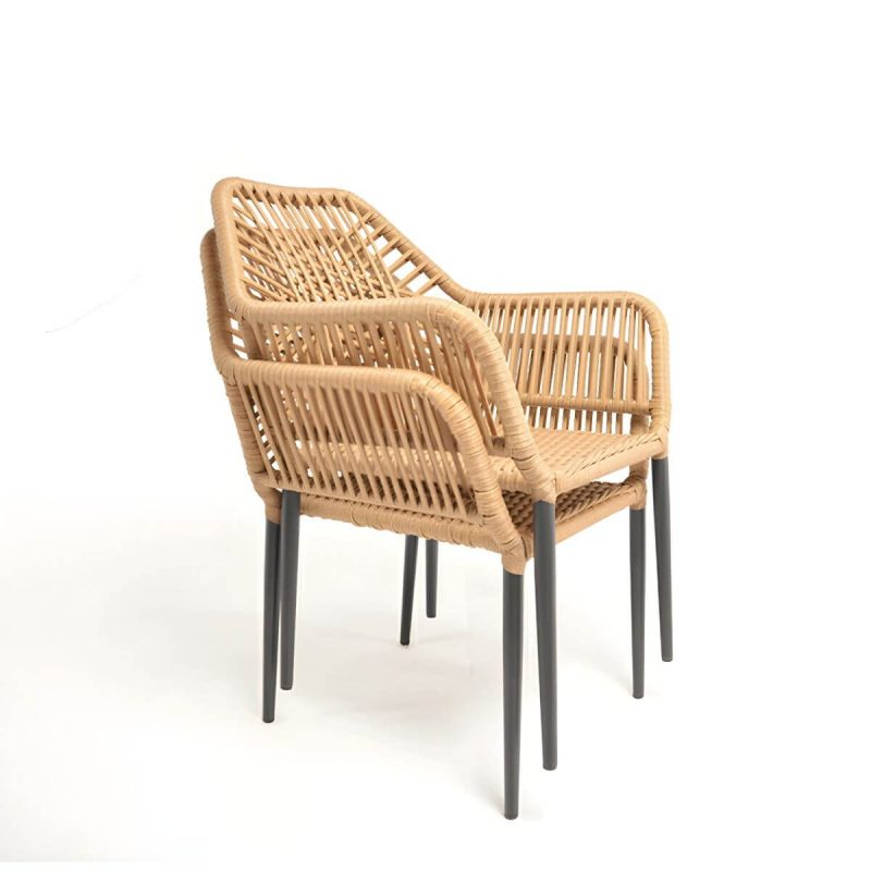 "Modern Metal Arm Chair with Beige Plastic Back and Stackable Design for Patio Dining - Brown 4 Piece Set"