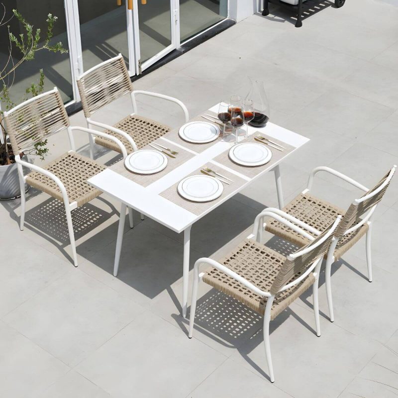 "Contemporary Dining Table White Outdoor Table with Metal Base - Textured White 27.6"L x 27.6"W x 28.3"H Square Table Only"
