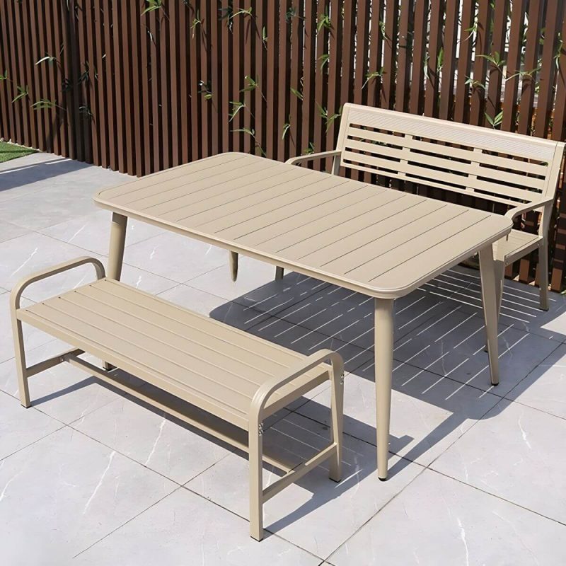 "Sleek Metal Outdoor Dining Set Rectangular Table with 2 Stylish Benches - Table & 2 Benches 47"L x 31"W x 29"H Khaki"