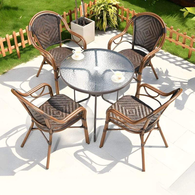 "Contemporary Dining Table Set with Brown Woven Chair for Courtyard - Table & Chair(s) 31.5"L x 31.5"W x 28.3"H 4"