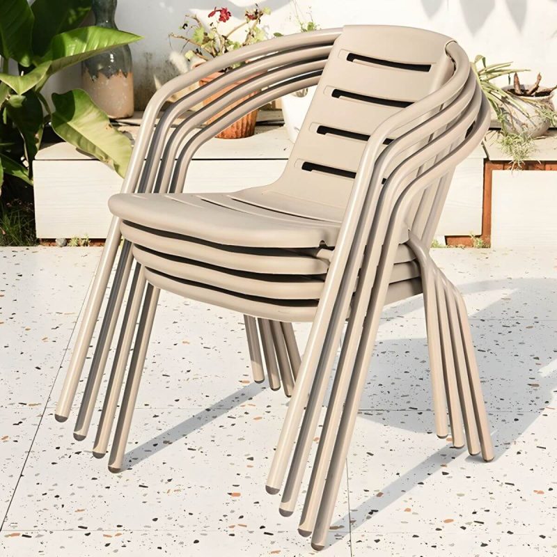 "Stackable Beige Metal Arm Chair with Waterproof Durability - Modern Style - 6 Piece Set"