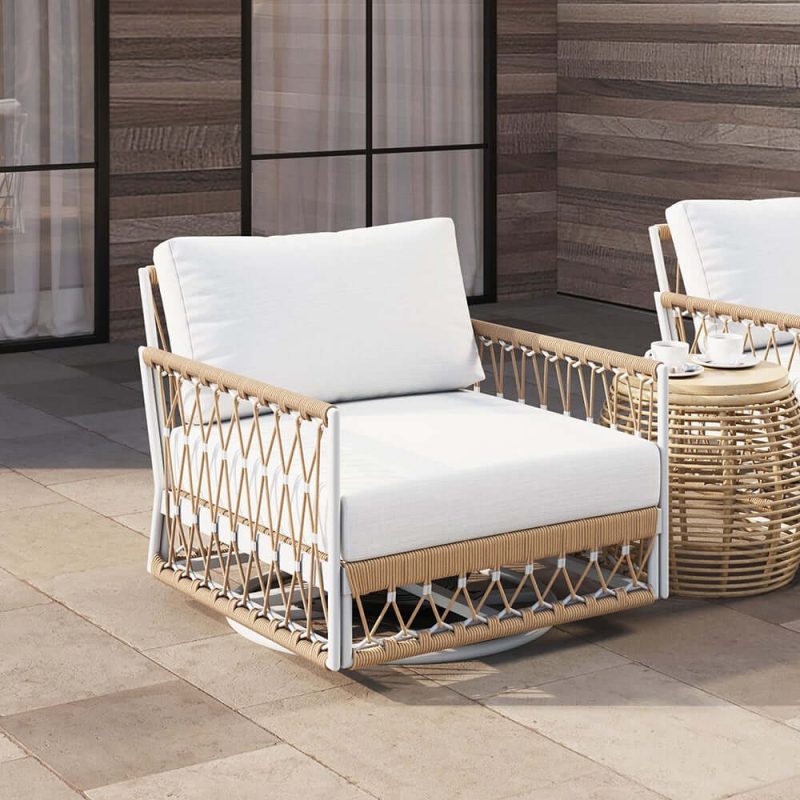 "Ropipe Outdoor Swivel Chair with Hand Woven Rope in Khaki & White"