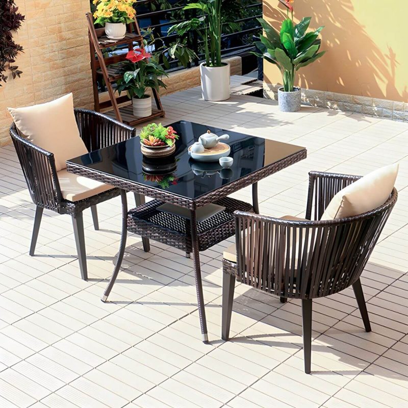 "Traditional Brown Wicker Arm Chair with Wicker Back for Patio Dining, UV Resistant and Non-Swivel - 4 Piece Set"