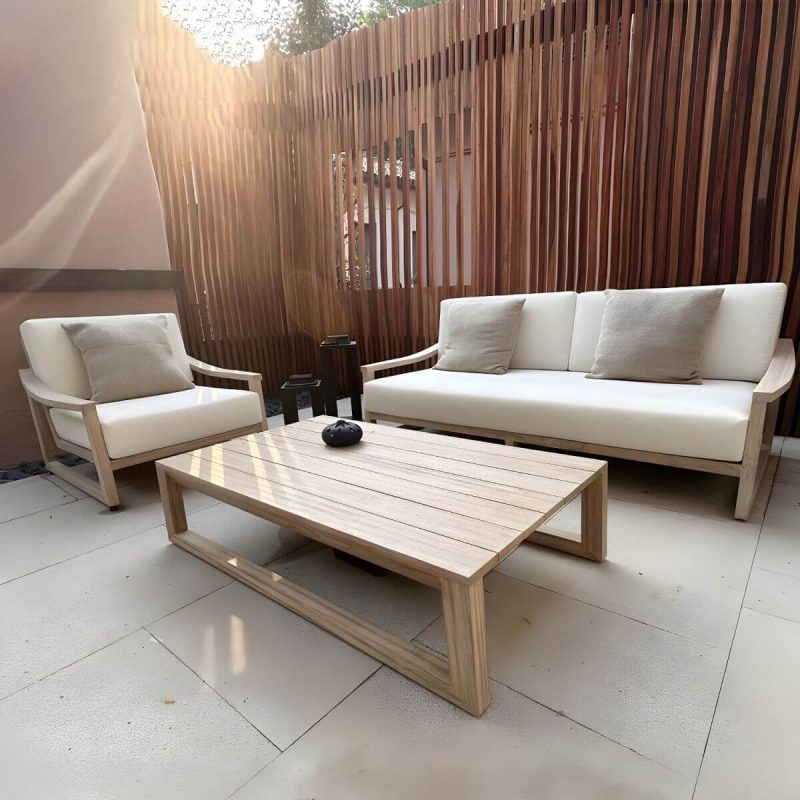 "Modern White Wood Sofa - Waterproof and UV Resistant with Cushions - 3-Seater Sofa"
