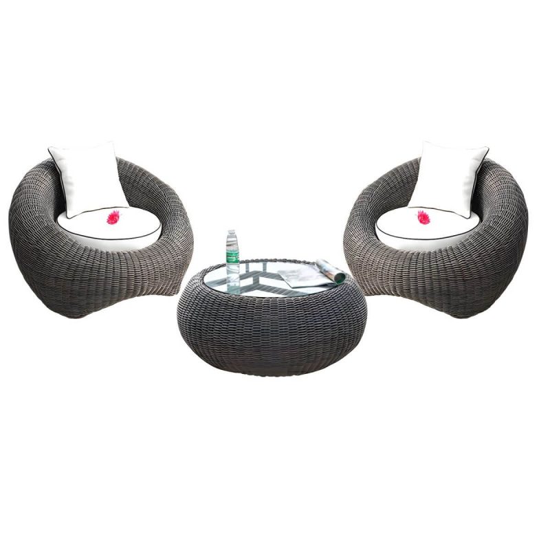 "Glass Coffee Table Included Courtyard Sofas Rattan Weaving Modern in Grey - 3-Piece Set(2 Chairs & 1 Coffee Table)"