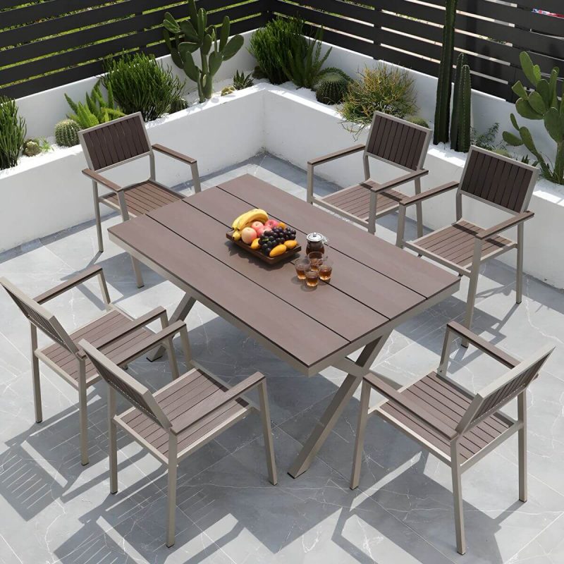 "Traditional Patio Table Wood Top Metal Frame Water Resistant Patio Table - 63"L x 35.4"W x 29.5"H Table Only"