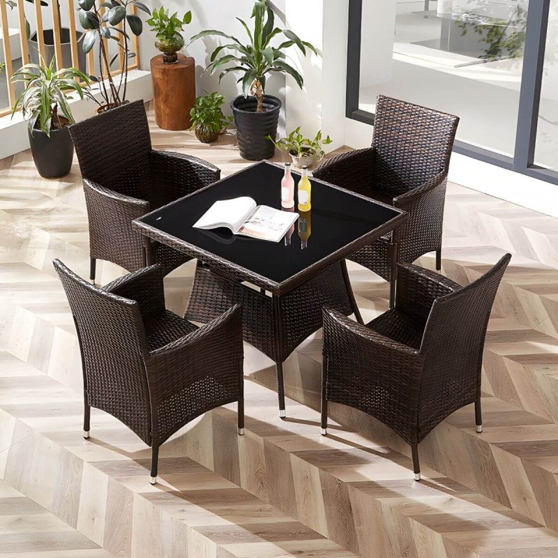 "Modern Style Dining Set Glass Top 5/7 Pieces Water Resistant Dining Set - Table & Chair(s) 4 Square Black-Brown"