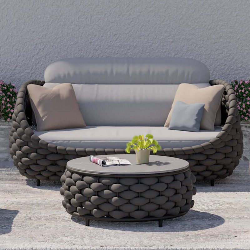 "Tatta 2-Seater Woven Rope Outdoor Sofa Patio Loveseat Removable Cushion Gray & Black"