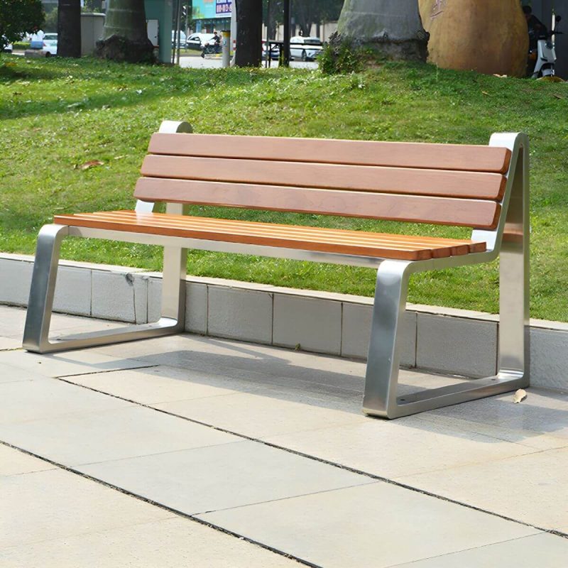 "Stainless Steel Metal Park Bench with Brown Wood Seating and Back - Brown"