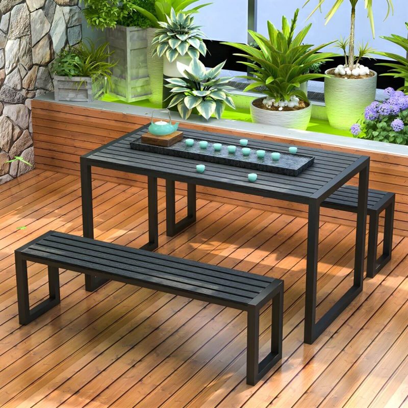"Metal Modern Weatherproof Patio Dining Set with Stackable Chairs and Bench - Table & Bench(es) 2 Black"