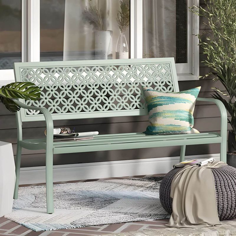 "Modern Metal Park Bench with Waterproof Durability, Water Resistant and Curved Arms - Red"