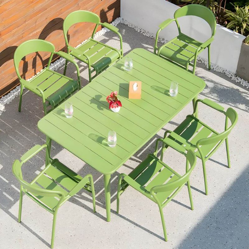 "Contemporary Dining Table Set with Green Metal Top for Courtyard - Table & Chair(s) 59"L x 35"W x 29"H 6"