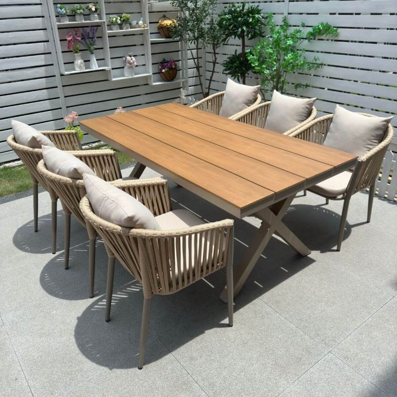 "Casual 7 Piece Set UV-proof Fabric Outdoor Dining Set with Sepia Table, Chair, and Table, 70.9"L x 35.4"W x 29.5"H, Table & 6 Chairs"