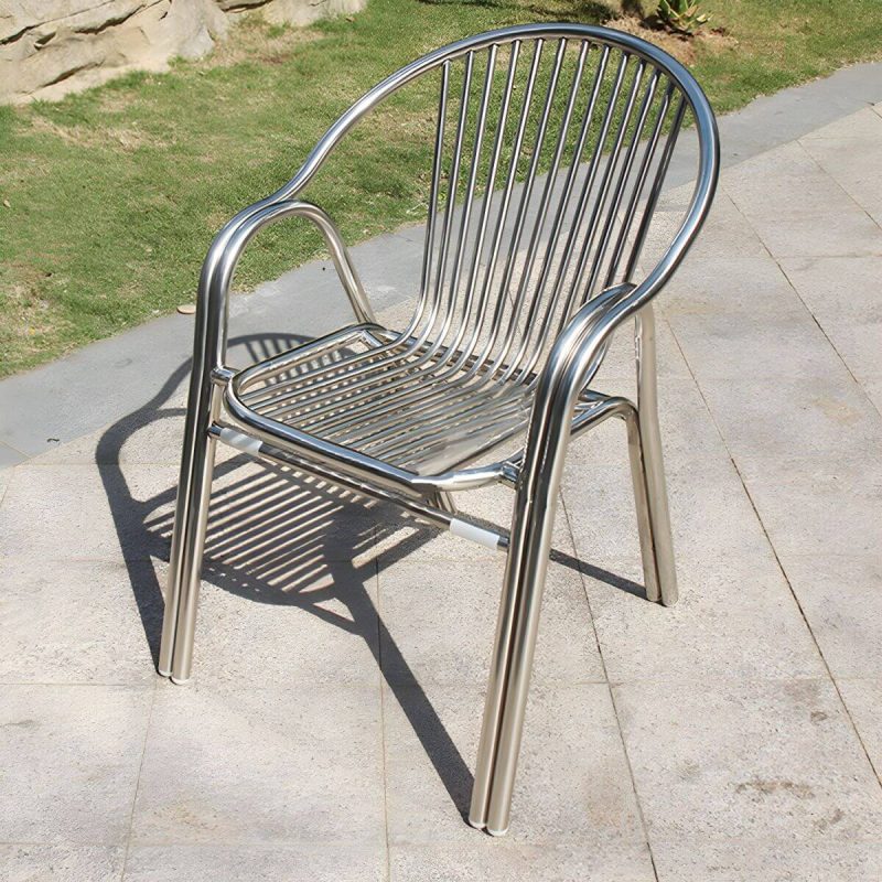 "Silver Modern Armchair Metal Stacking Dining Chairs with Arm - Silver 8 Piece Set"