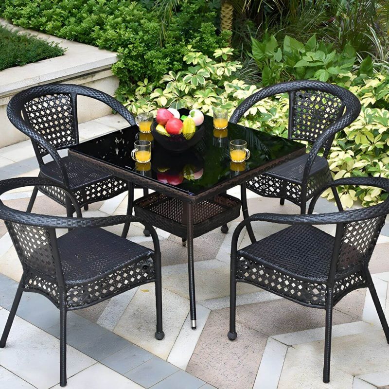 "Modern Stackable Arm Chair with Black Wicker Frame and Back for Outdoor Dining - 2 Piece Set"