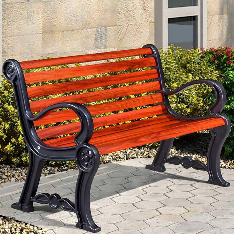 "Wood and Metal Outdoor Bench Mid-Century Modern Outdoor Picnic Bench - 47"L x 25"W x 32"H Orange Red"