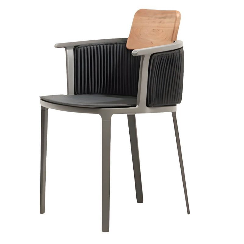 "Coastal Dining Armchair in Metal Frame with Solid Wood Back Single Chair - Black Aluminium Alloy 1 Piece"