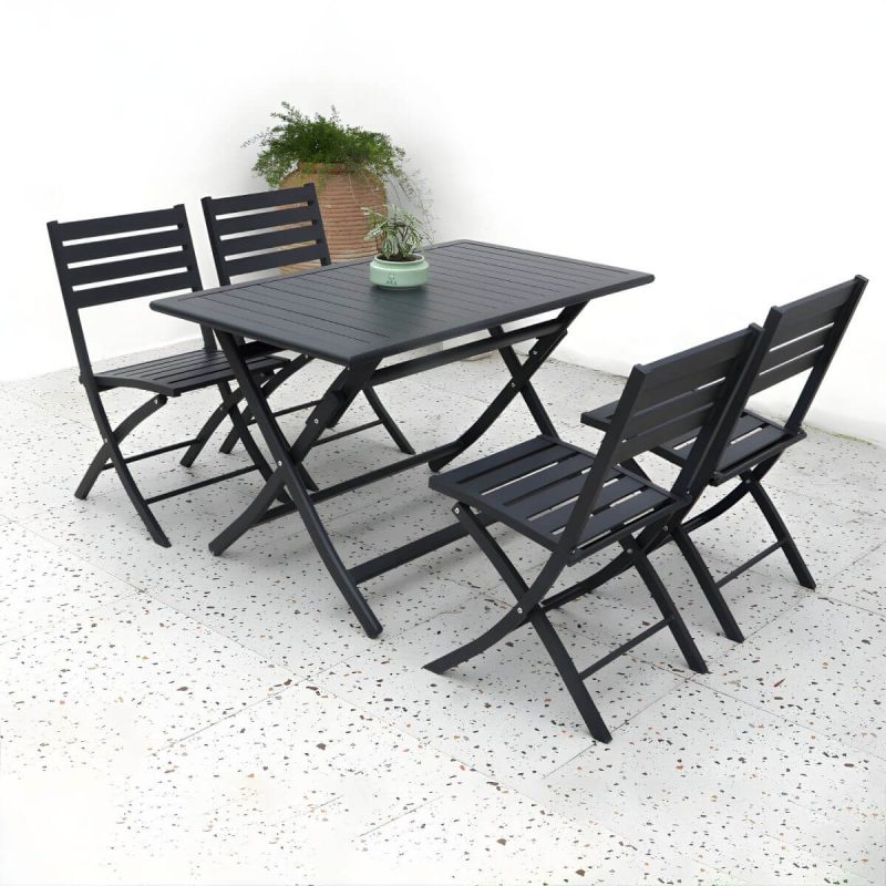 "Metal Modern Folding Patio Dining Set with Strap Back Chairs - Table & Chair(s) 47.2"L x 27.6"W x 28.5"H 4 Black"