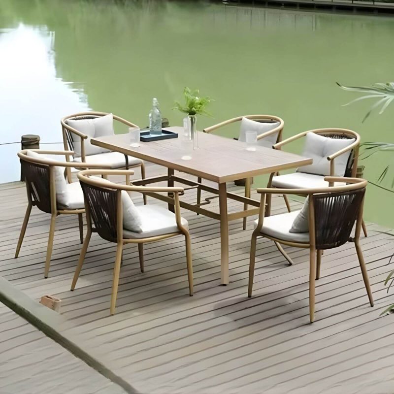 "Modern Natural Metal Patio Dining Set with Upholstered Chairs - Desk with 2 Chairs 27.6"L x 27.6"W x 29.5"H Square"