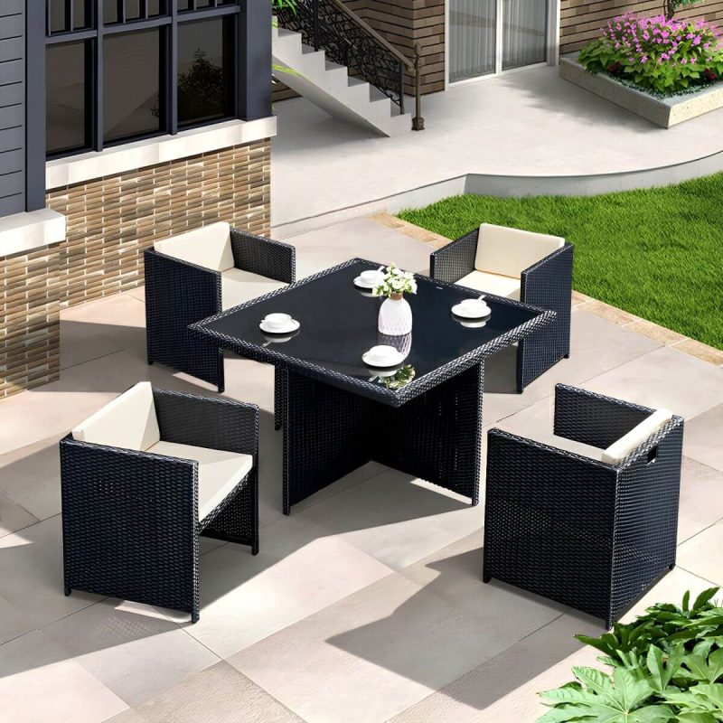 "Stylish Weatherproof Glass-top Patio Dining Set with Upholstered Chairs - Table & Chair(s) 47.2"L x 47.2"W x 29.5"H 4 Black"