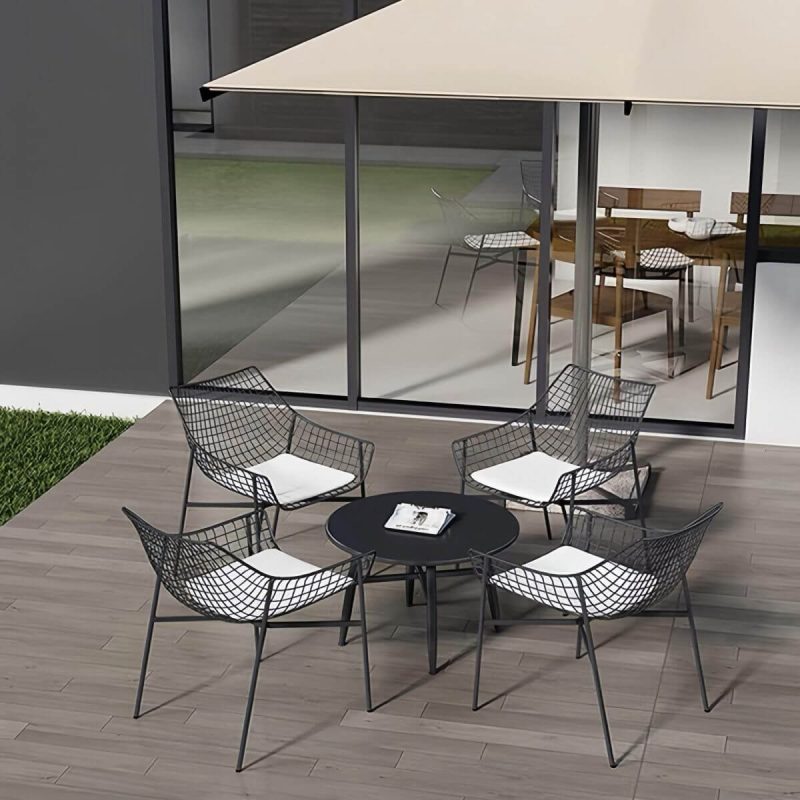 "Industrial Style Courtyard Sofa Set Metal with Round Coffee Table - 5-Piece Set(4 Chairs & 1 Coffee Table) Black"