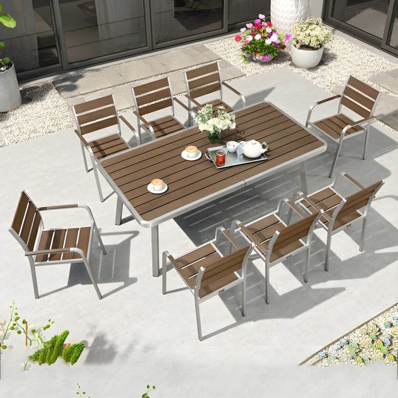 "Stylish Mid-Century Brown Patio Dining Ensemble with Manufactured Wood Tabletop - Table & 8 Chairs 79"L x 39"W x 30"H"