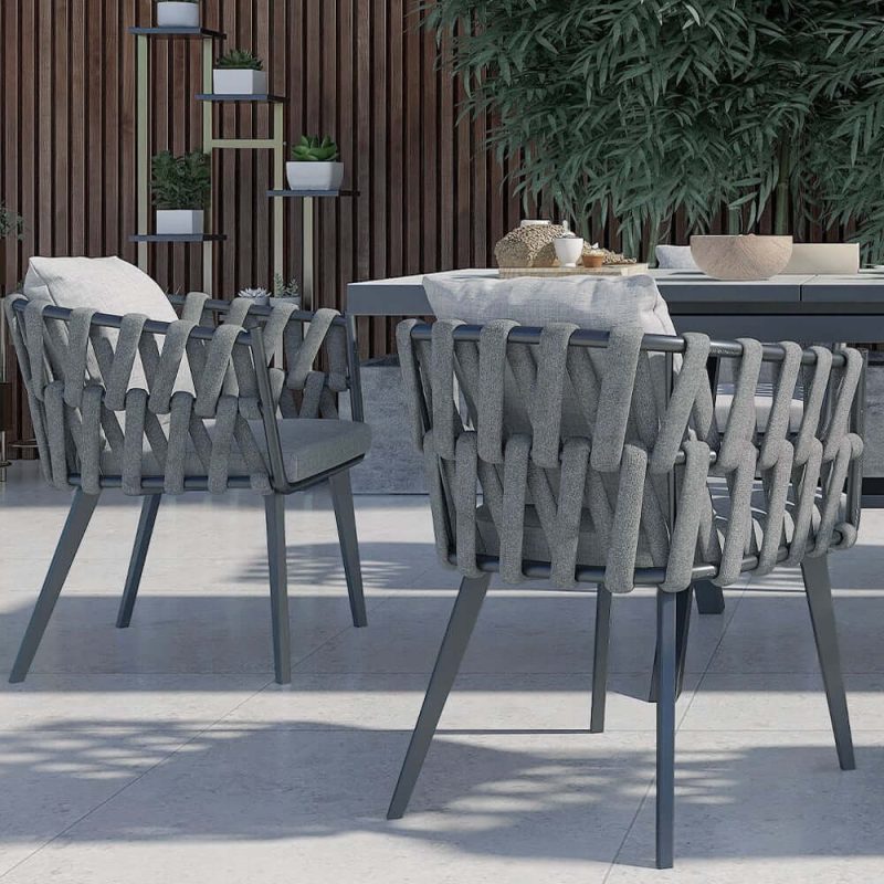 "Set of 2 Hand Woven Rope Outdoor Patio Dining Chair with Cushions in Gray"