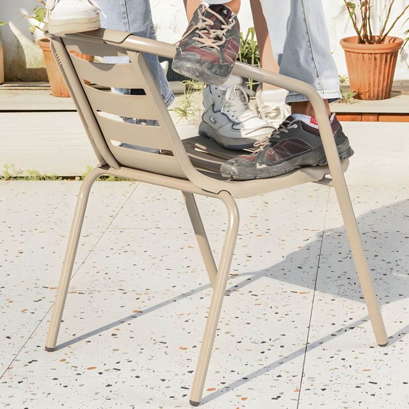 "Stackable Beige Metal Arm Chair with Waterproof Durability - Modern Style - 6 Piece Set"