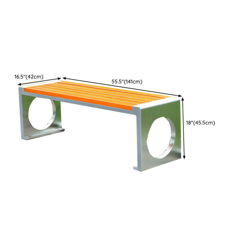 "Dimension of Modern Garden Bench with Stainless Steel Frame and Waterproof Wood Seating - 56"L x 17"W x 18"H"