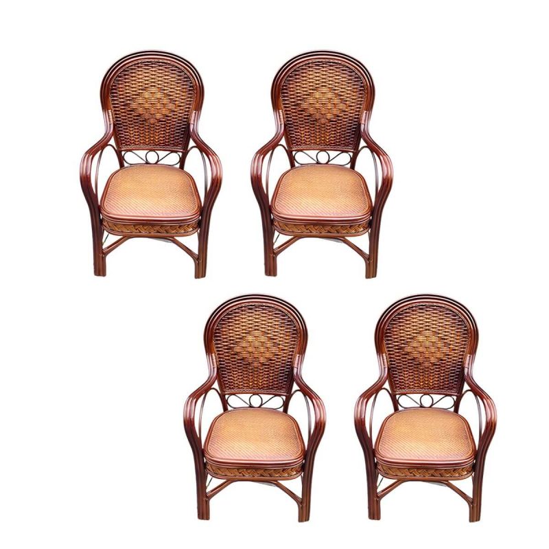 "Traditional Patio Dining Armchair in Rattan Single Outdoor Chair - Dark Coffee Rattan Weaving 4 Piece Set"