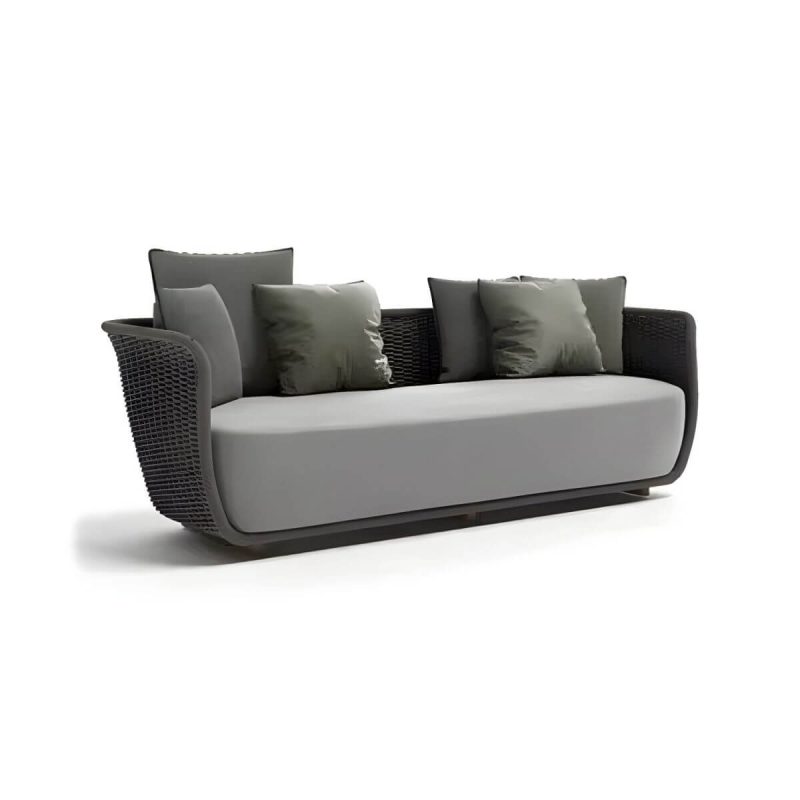 "Waterproof Wicker/Rattan Modern Sofa with Upholstered Cushions and Pillows - Teak Frame - Dark Gray 2-Seater Sofa"