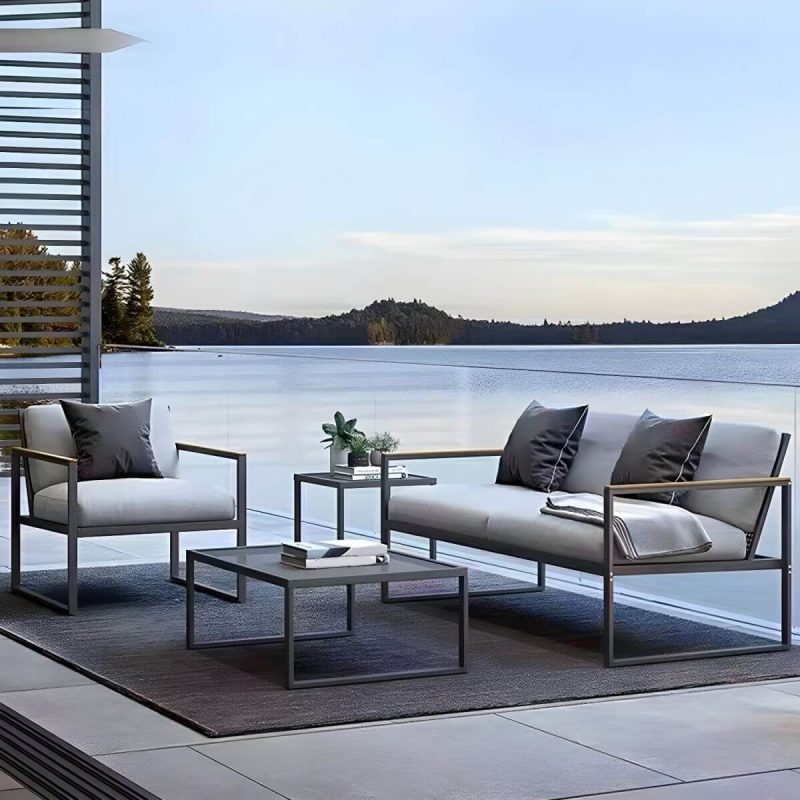 "Black Metal Patio Sofa Symmetrical with Cushions for Outdoor - 2-Seater Sofa"
